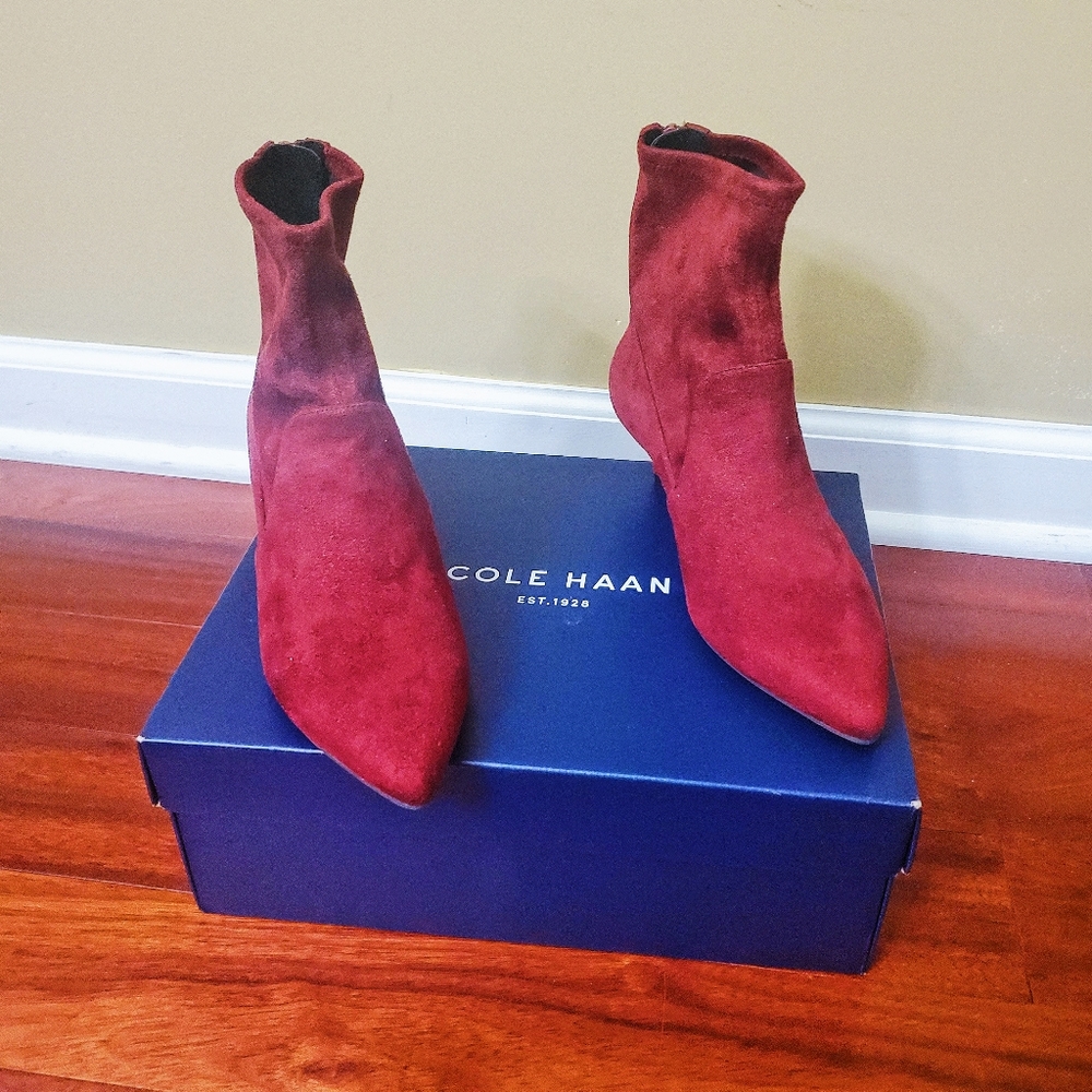 Cole Haan Red Suede Pointed-Toe Ankle Booties